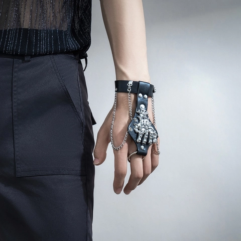 Pulsera de Esclava Gótica Punk Mano de Calavera para Hombre Pulsera de Anillo de Esqueleto de Aleación Joyería de Halloween