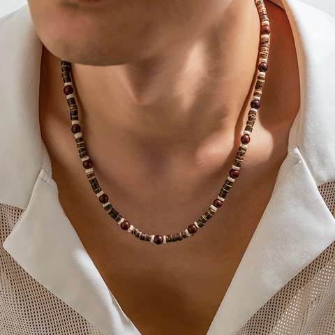 Bohemian Handmade Wood Beaded Necklace For Men Ethnic Vintage Brown Russet Coconut Shell Beaded Strand Choker Men Jewelry