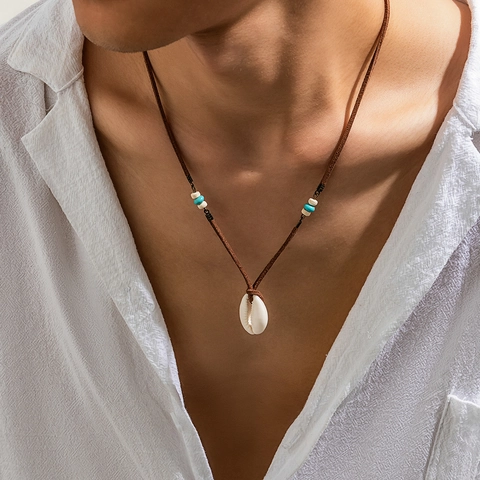 Collar con Colgante de Concha Natural Bohemio para Hombre Cordón de Terciopelo Vintage con Cuentas Turquesa Joyería de Playa de Aleación