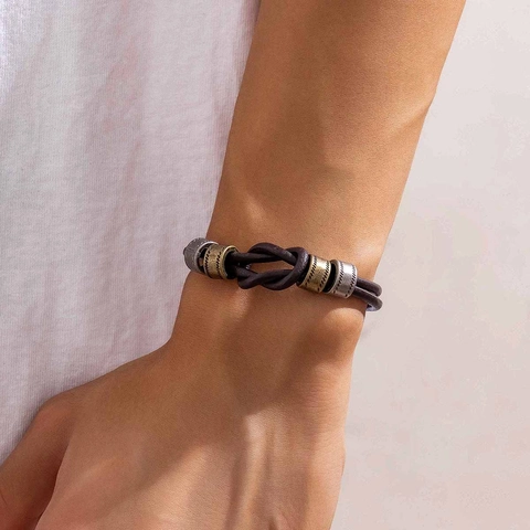 Retro Hip Hop Leather Rope Braided Bracelet Necklace For Men Distressed Alloy Ring Knot Pendant Jewelry Accessories Gift