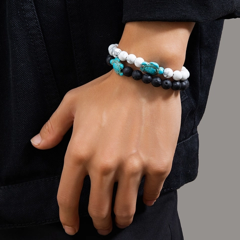 Men Beaded Turtle Bracelet Volcanic Stone Synthetic Turquoise Lava Bead Bracelet Hip Hop Trendy Ocean Style Jewelry Gift