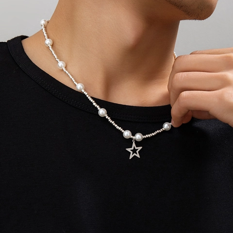 Collana con Perline di Künstliche Perle Imitazione Hip Hop Pendente a Stella Cava in Lega Choker per Uomo Donna Minimalista Gioielli Vintage