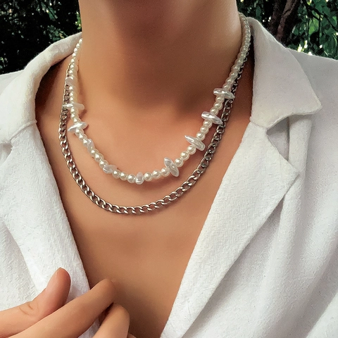 Herren Hip Hop Mehrlagig Halskette Mit Künstliche Barock Perle Und Silber Legierung Panzerkette Punk Street Style Schmuck