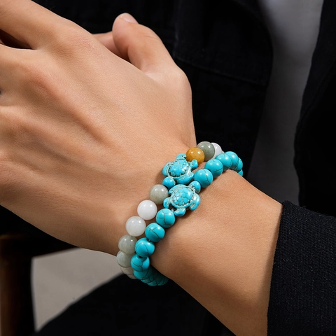 Men Beaded Turtle Bracelet Volcanic Stone Synthetic Turquoise Lava Bead Bracelet Hip Hop Trendy Ocean Style Jewelry Gift
