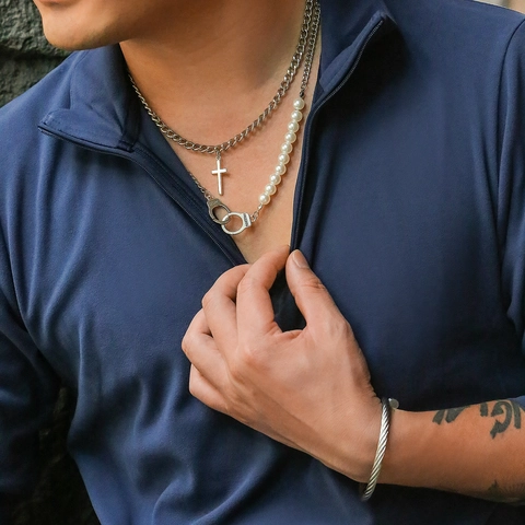 Men Hip Hop Double Layer Alloy Necklace With Cross Pendant Handcuff Charm Artificial Pearl Splicing Chain Punk Street Jewelry