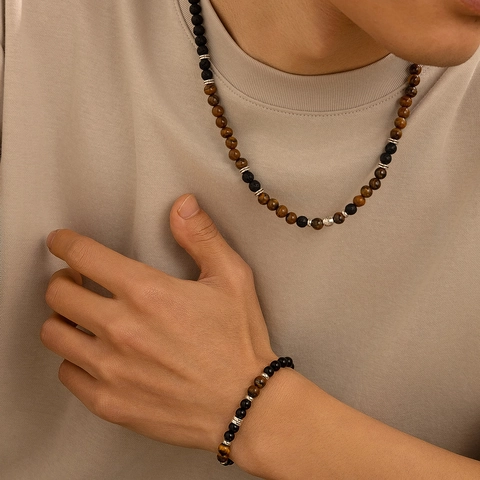 Herren Perlenkette Mit Vulkanstein Und Tigerauge Türkis Legierungsanhänger Hip Hop Ethno Design Schmuck Für Männer