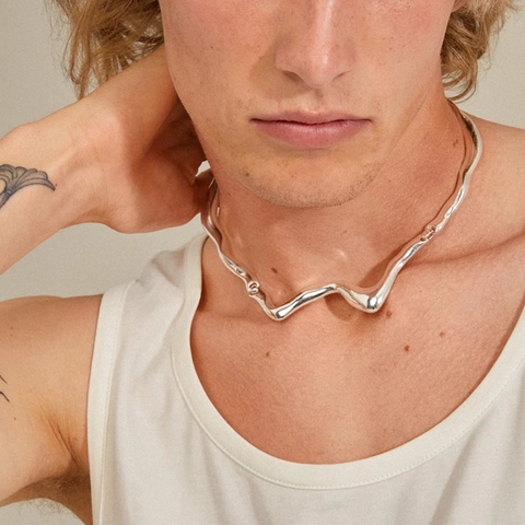 Liquid Metal Irregular Lava Choker Necklace And Wave Open Bangle For Men Women Hip Hop Minimalist Alloy Fashion Jewelry