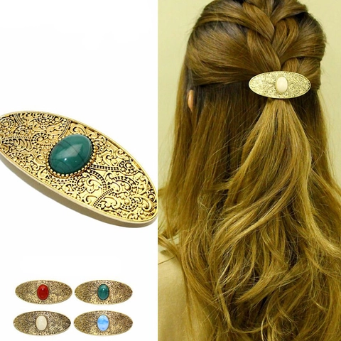 Vintage French Style Alloy Rhinestone Oval Hair Clip Baroque Hollow Out Floral Design Gold Barrette For Women Fashion Headwear
