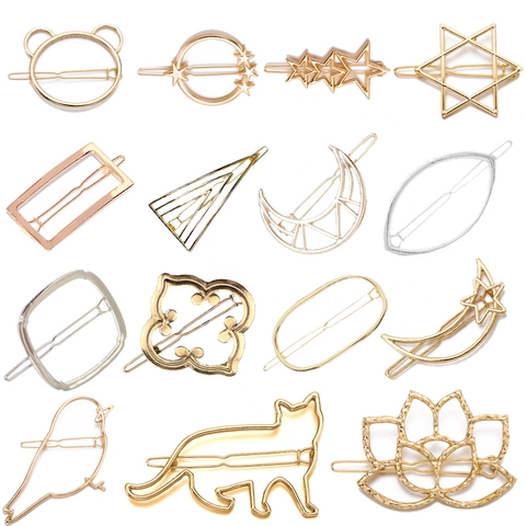 Pince à Cheveux Géométrique Minimaliste en Alliage Métallique pour Femme Or Argent Étoile Lune Forme Animale Ajourée Accessoire Cheveux