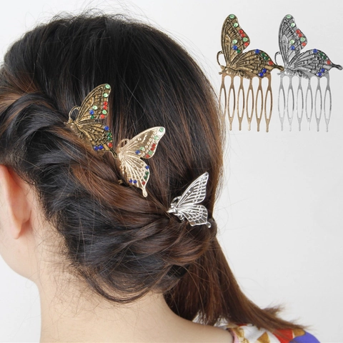 Vintage Butterfly Zinc Alloy Hair Comb For Women French Forest Style Rhinestone Inlaid Electroplated Metal Hair Accessory