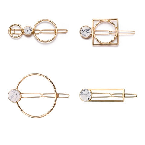 Minimalist Alloy Geometric Hair Clips With Marble Texture Gold Color Round Square Shape Elegant Hair Accessories For Women