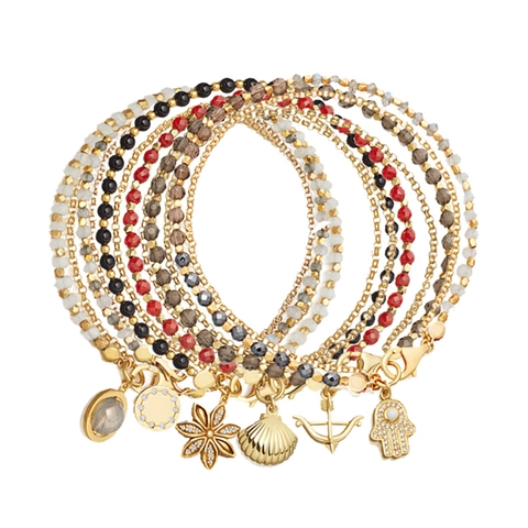 Bohemian Layered Alloy Rhinestone Bracelet For Women Hamsa Hand Shell Anchor Flower Bead Bracelet Fashion Jewelry