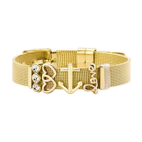 Pulsera de Malla de Acero Inoxidable para Mujer Dijes de Aleación de Corazón Ancla Love Strass Joyería Ajustable