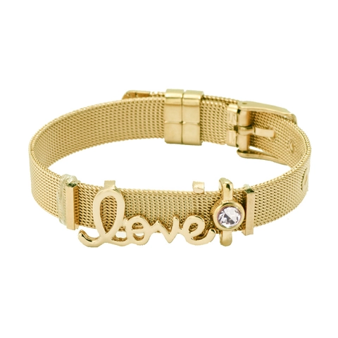 Pulsera de Banda de Malla de Acero Inoxidable Con Dije de Letra Love de Aleación y Strass Brazalete Ajustable para Mujer Hombre Joyería Moda