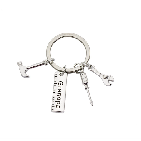 Zinc Alloy Tool Keychain Silver Metal Hammer Wrench Screwdriver Ruler Pendant For Father's Day Gift Dad Grandpa Keyring