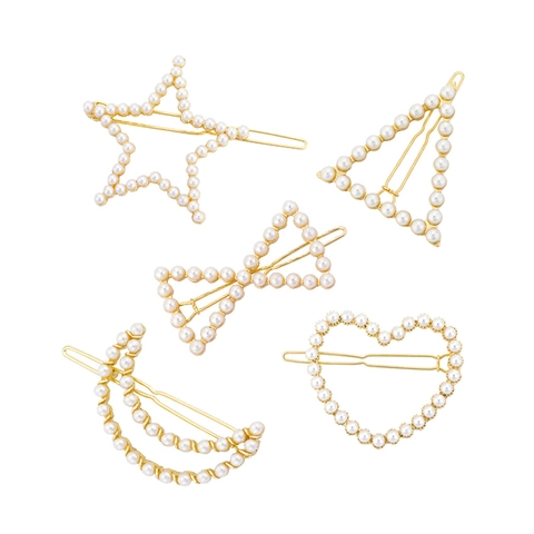 Pinzas para el Cabello de Aleación Geométrica con Perlas Artificiales Elegantes Clips Laterales de Estrella Luna Corazón Triángulo para Mujer Accesorios