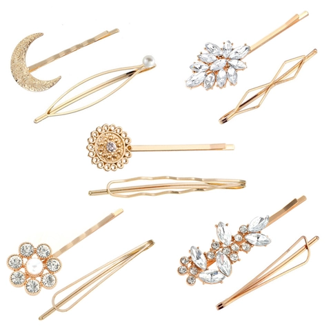 Minimalist Zinc Alloy Hair Clip Set For Women Gold Geometric Moon Star Rhinestone Artificial Pearl Bobby Pins Accessories