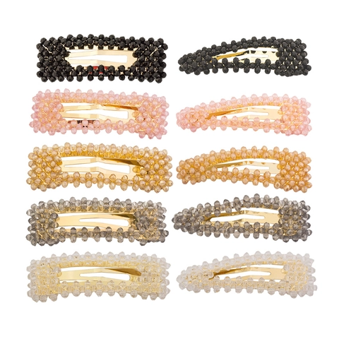 Minimalist Woven Crystal Beaded Hair Clip For Women Gold Alloy Geometric Square Water Drop Snap Clip Fashion Hair Accessories