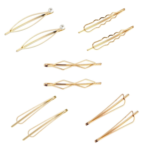 Set di Fermagli per Capelli Geometrici in Metallo Semplice per Donna Oro Goccia d'Acqua Onda Otto Forcine con Perle Artificiali