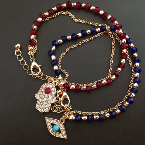 Vintage Legierung Hand Der Fatima Böser Blick Doppelstöckiges Armband Gold Glasperlen Ethnisch Perlenarmband Für Damen