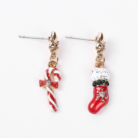 Festive Alloy Christmas Earrings Asymmetric Candy Cane And Christmas Stocking Stud Earrings With Rhinestone For Women