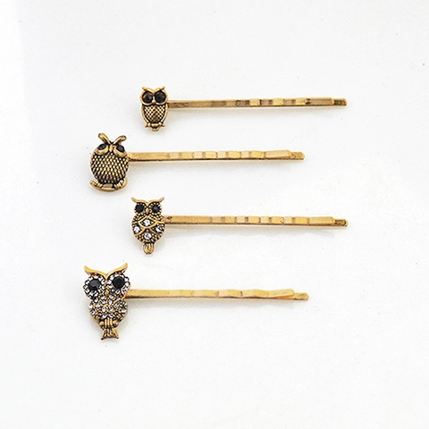 Vintage Alloy Rhinestone Owl Bobby Pin Set For Women Retro Animal Hair Clips Electroplated Metal Hair Accessories Jewelry Gift