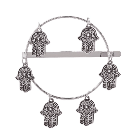 Pinza de Pelo Circular de Aleación Vintage Mano de Fátima Ojo Turco Colgante Bohemio Étnico Oro Plata Pasador para Mujer