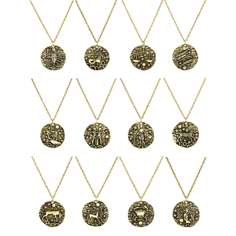 Collier Pendentif Douze Signes du Zodiaque en Alliage de Zinc Vintage Rétro Pièce Astrologie Relief Collier pour Hommes Femmes