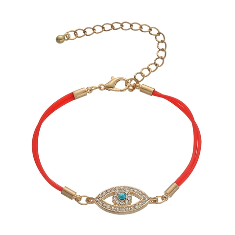 Luxury Alloy Evil Eye Bracelet Rhinestone Inlaid Adjustable Braided Wax Rope Synthetic Leather Chain Bracelet Women Ethnic Jewelry