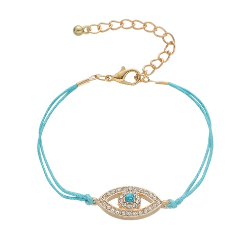 Luxury Alloy Evil Eye Bracelet Rhinestone Inlaid Adjustable Braided Wax Rope Synthetic Leather Chain Bracelet Women Ethnic Jewelry
