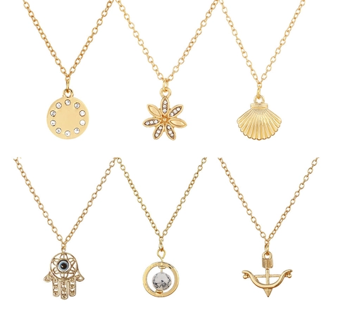 Vintage Gold Plated Alloy Pendant Necklace For Women Hamsa Hand Evil Eye Shell Flower Anchor Bohemian Fashion Jewelry Gift