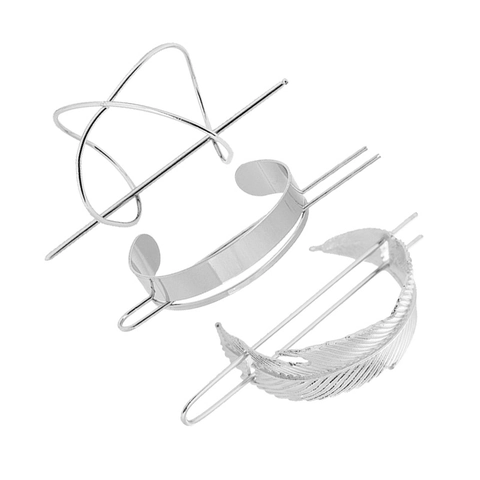 3Pcs Elegant Alloy Metal Hair Stick Set Leaf Feather Geometric Design Gold Silver Rose Gold Hair Pins For Women Wedding Party Jewelry