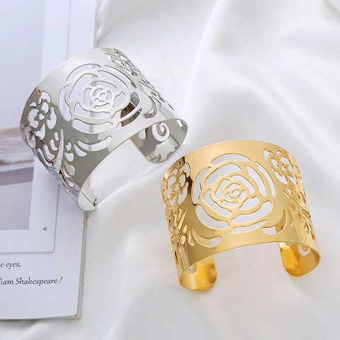 Vintage Hollow Out Rose Flower Cuff Bracelet For Women Exaggerated Metal Wide Opening Bangle Elegant Floral Jewelry Gold Silver
