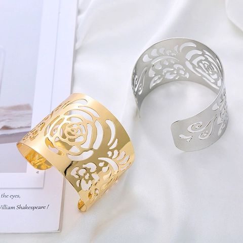 Vintage Hollow Out Rose Flower Cuff Bracelet For Women Exaggerated Metal Wide Opening Bangle Elegant Floral Jewelry Gold Silver
