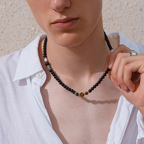 Collar de Cuentas de Ojo de Tigre para Hombre Cadena de Clavícula de Piedra Natural Negro Mate Hip Hop Bohemio Minimalista Retro Joyería para Hombre Regalo