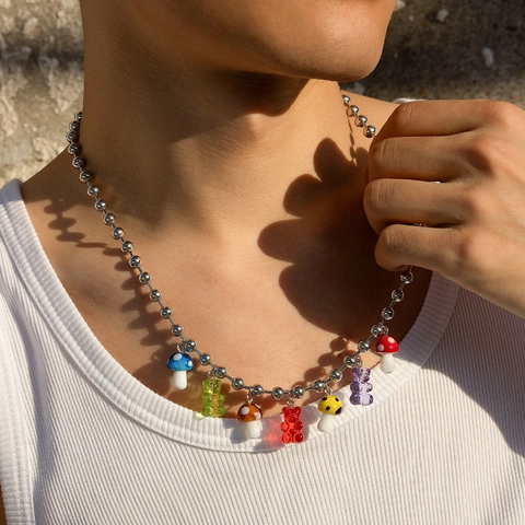 Collana con Ciondolo a Forma di Fungo e Orsetto Gommoso Colorato per Uomo Donna Hip Hop Y2K Streetwear Gioielli in Resina