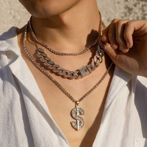 Collana Hip Hop da Uomo in Lega Iced Out Catena Cubana Simbolo del Dollaro Pendente Catena Tennis Strass Gioielli Streetwear