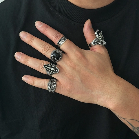 Ensemble Bagues Tête de Mort Punk Gothique Hommes Vintage Argent Vieilli Alliage Cercueil Main Squelette Bijoux Bagues