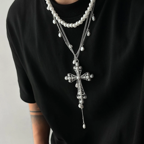 Hip Hop Mehrlagig Legierung Künstliche Perle Kreuz Anhänger Halskette Für Herren Gothic Strass Eingelegt Schlüsselbeinkette Schmuck Geschenk