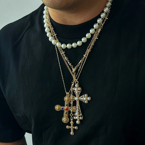 Collana con Pendente a Croce a Strati Hip Hop da Uomo in Lega Perla Artificiale Strass Intarsiato Retro Streetwear Gioiello Regalo