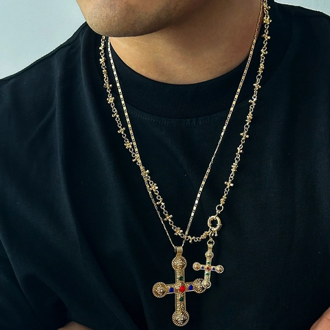 Collana con Pendente a Croce a Strati Hip Hop da Uomo in Lega Perla Artificiale Strass Intarsiato Retro Streetwear Gioiello Regalo