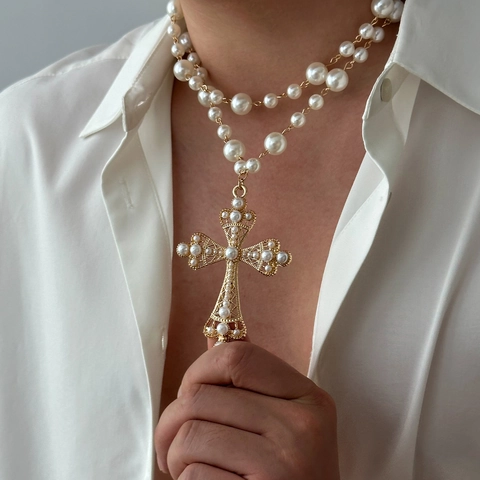 Gothic Double Layer Artificial Pearl Cross Pendant Necklace For Men Zinc Alloy Rhinestone Hip Hop Punk Retro Jewelry