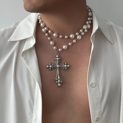 Gothic Double Layer Artificial Pearl Cross Pendant Necklace For Men Zinc Alloy Rhinestone Hip Hop Punk Retro Jewelry