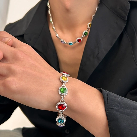 Hip Hop Multi Color Rhinestone Alloy Necklace Bracelet Set For Men Vintage Colorful Gemstone Inlaid Jewelry Accessory
