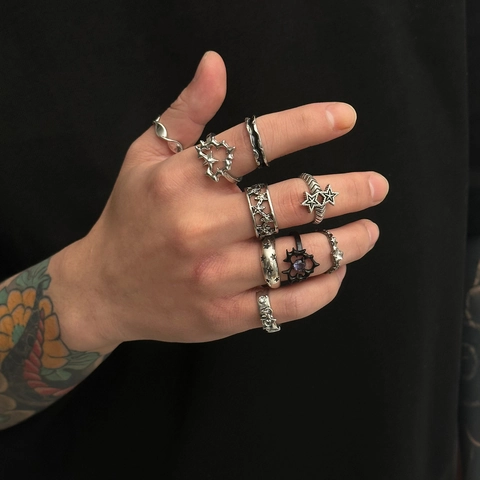 Gothic Punk Legierung Herz Stern Dornen Ringe Für Herren Altsilber Farbe Strass Hip Hop Street Style Schmuck Kollektion