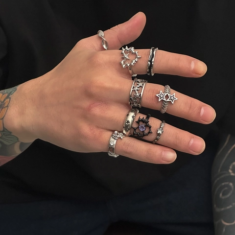 Gothic Punk Legierung Herz Stern Dornen Ringe Für Herren Altsilber Farbe Strass Hip Hop Street Style Schmuck Kollektion