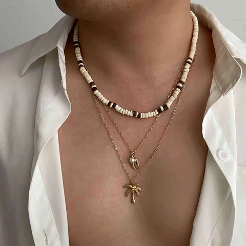 Heren Boheemse Kokosnootschil Geparelde Gelaagde Ketting Goud Legering Palmboom Schelp Kunstparel Hanger Vakantie Sieraden