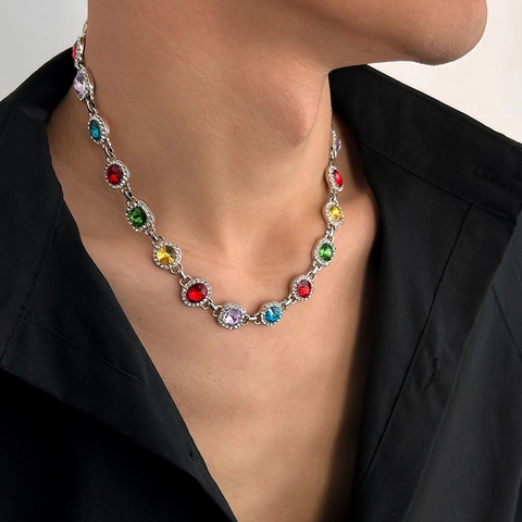 Hip Hop Multi Color Rhinestone Alloy Necklace Bracelet Set For Men Vintage Colorful Gemstone Inlaid Jewelry Accessory