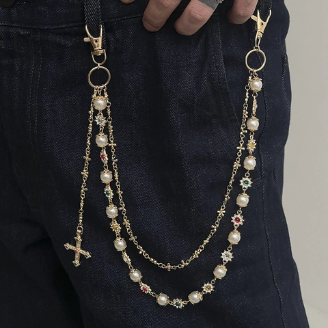 Punk Multi-layer Trouser Chain With Artificial Pearl Cross Pendant Rhinestone Hip Hop Waist Chain For Men Women Jeans Accessorie