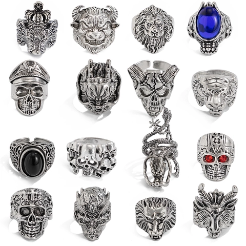 Hommes Vintage Gothique Punk Crâne Animaux Bagues Collection Argent Antique Alliage Strass Incrusté Mode Gothique Biker Bagues